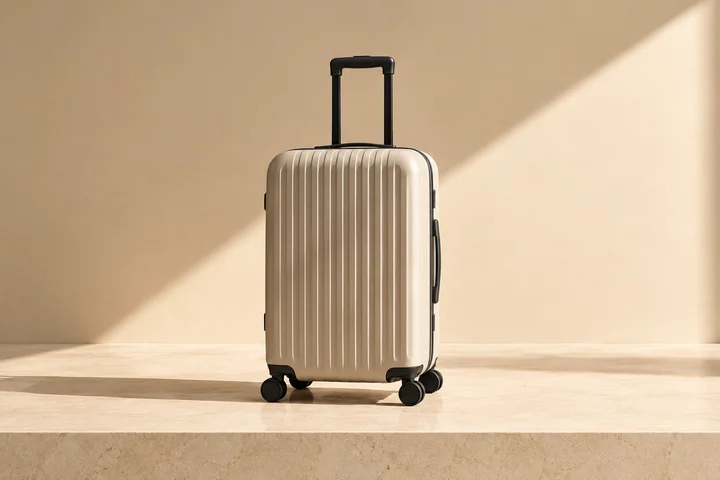 Illustrative beige carry-on suitcase in a sunlit studio